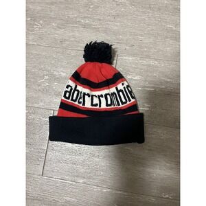 Abercrombie & Fitch Cuffed Beanie (Black& Red) Large Logo Winter Hat W/ Pom